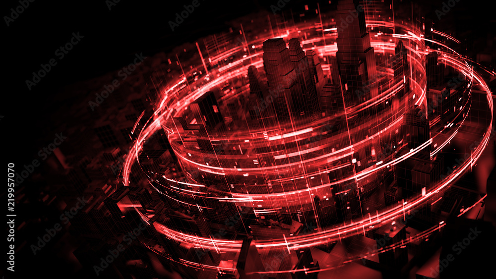 Poster 3d render abstract city background with bright digital patterns. Complex detailed technology concept.