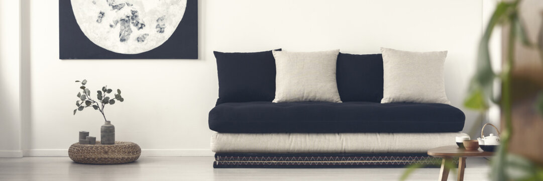 Plant on pouf next to black sofa with pillows in white living room interior with moon poster. Real photo