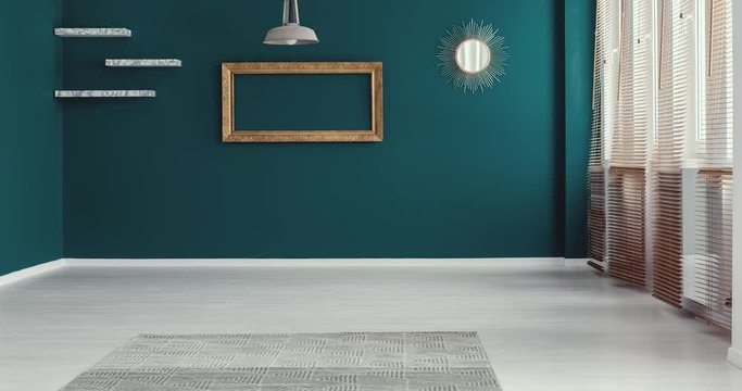 Video of empty minimal green living room interior with grey floor design sequence