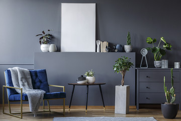 Real photo of a monochromatic living room with a blue armchair with a blanket standing next to a table and a cupboard, and in front of a shelf with an empty poster, with plants and ornaments around