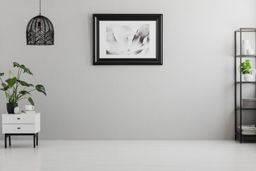 Poster on grey wall in empty living room interior with lamp above plant on cabinet. Real photo....