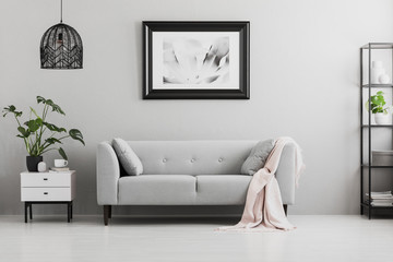 Poster above grey sofa with pink blanket in living room interior with lamp and plant. Real photo
