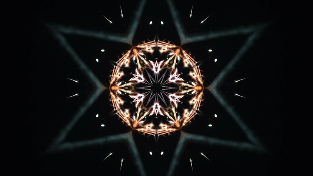 VJ Fractal kaleidoscopic background. Motion with fractal design on black background. Disco dinamic mandala spectrum lights concert spot bulb. Light Tunnel.