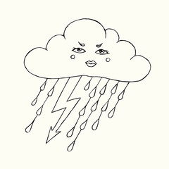 Rainy cloud with thunder and lightning, cartoon funny serious face, hand drawn doodle, sketch isolated vector outline black and white illustration
