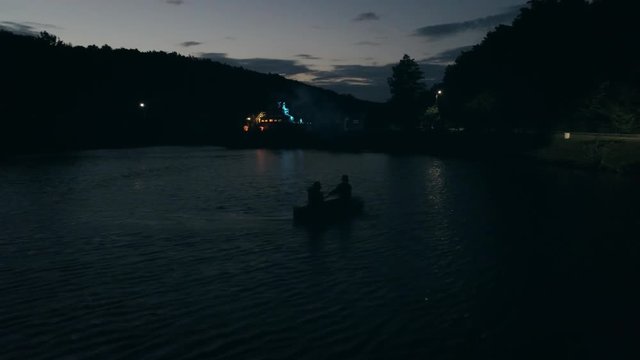Aerial view: Boat, night, love story, request of the hand and heart on the ship, beutifull shot