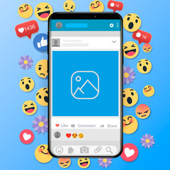 Emoji happy smiley design with mobile phone. 3d emotion concept illustration background. - obrazy, fototapety, plakaty