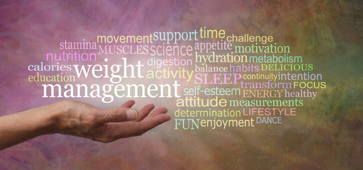 Words associated with Weight Management Tag Cloud - female hand with palm open and the words WEIGHT MANAGEMENT above surrounded by a multi coloured word cloud on a rustic warm stone background
