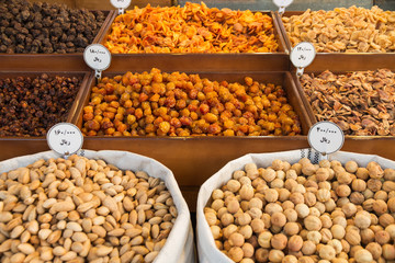 Stall with dried fruits and nuts. Bazaar of Zanjan city, Iran.