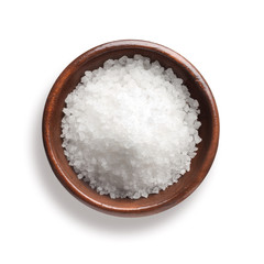 Fototapeta na wymiar sea salt in a wooden bowl, isolated on white