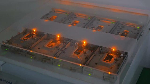Interactive exposition in science museum - floppy disk drive music set. Entertainment, experiment and technology concept