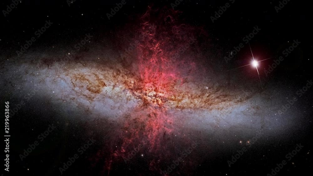 Wall mural galaxy messier 82 slow rotating with near birght supernova star flare lights in outer space, 3d anim