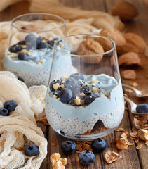 Blueberries and yogurt chia pudding parfait