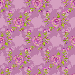 bouquet of flowers of purple peonies, seamless pattern, watercolor illustration. 