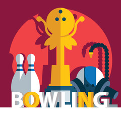 Square composition with word bowling, pins and winner cup on red background