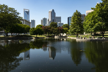 Downtown uptown Charlotte, North Carolina as viewed from Marshall Park on a clear summer day