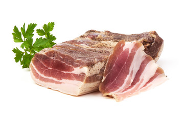 Smoked rustic farmer meat with slices, isolated on white background.