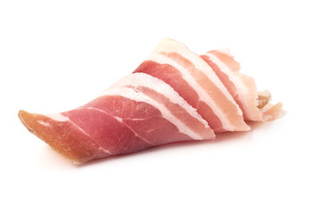 Twisted pieces of pork farmer meat or bacon, isolated on white background.