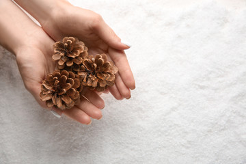 Woman holding fir cones on snowy background