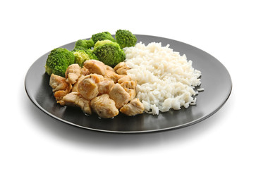 Delicious boiled rice with meat and broccoli on white background