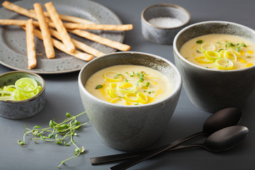 creamy potato and leek soup in bowl