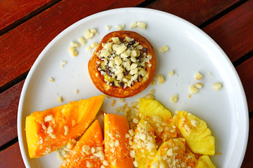 Healthy breakfast with mini waffle and tropical fruit 