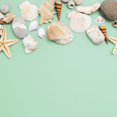 Flat lay. Top view. Frame of shells of various kinds on a green blue background. Seashells and starfish on a pastel background. Vacation concept