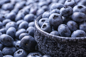 Bowl with fresh ripe blueberries, closeup