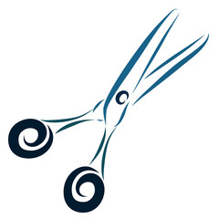 Fototapeta premium Blue sharp scissors, sketch with smooth lines