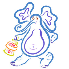 Cheerful blue elephant with gift, funny fat man