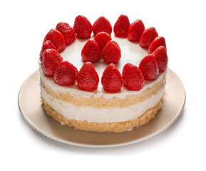 Delicious cake with strawberries on white background