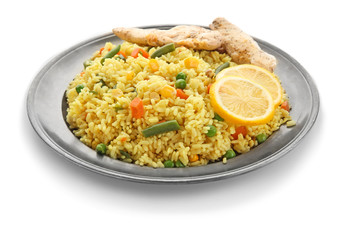 Tasty boiled rice with meat and vegetables on plate, isolated on white