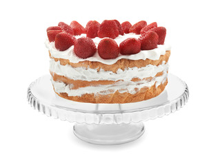 Delicious cake with strawberries on white background
