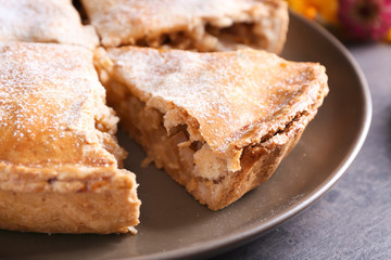 Fototapeta na wymiar Delicious apple pie on plate, closeup