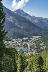 Fototapeta na wymiar aerial view over St. Moritz, Engadine,Graubuenden,Switzerland withn Pitz Corvatsch in the background