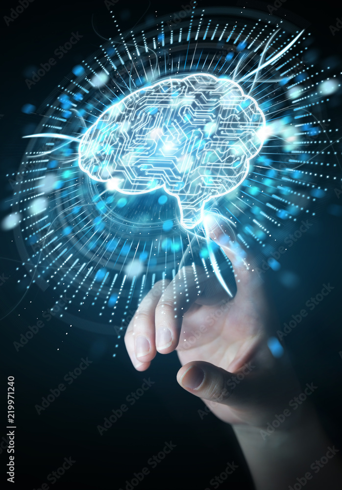 Aufkleber Businesswoman using digital artificial intelligence icon hologram 3D rendering