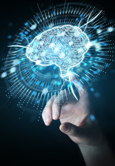 Businesswoman using digital artificial intelligence icon hologram 3D rendering