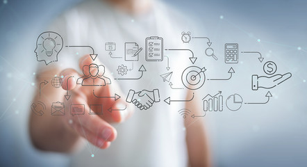 Businessman using thin line icon project plan presentation