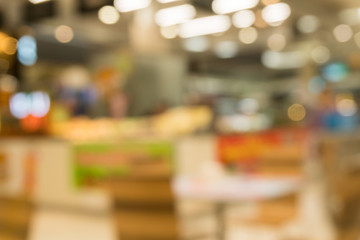 Coffee shop in department store blur background with bokeh. Blurred Interior colorful neon light in coffee shop.