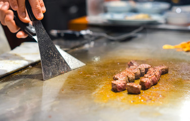 Cooking and fried Raw fresh beef Kobe steak on the pan in Kobe's resturant