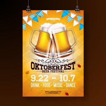 Oktoberfest party poster illustration with fresh lager beer and blue and white party flag on shiny yellow background. Vector celebration flyer template for traditional German beer festival.