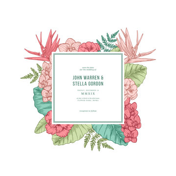Exotic flowers and leaves. Tropical style. Colored wedding invitation template. Vector illustration