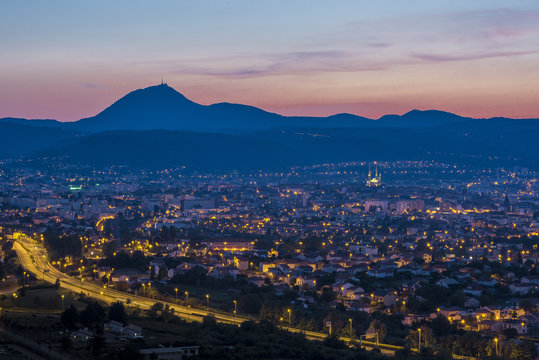 France, Center France, Clermont-Ferrand, Chaine des Puys at sunset