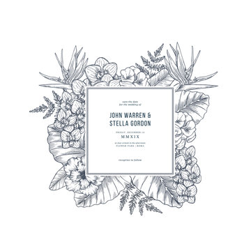 Exotic flowers and leaves.Tropical style. Elegant wedding invitation template. Vector illustration