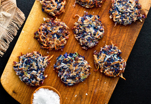 Hanukkah Vegetable Latkes, Red Cabbage, Turnip and Broccoli Stem Latkes With Caraway and Sesame