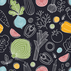 Scandinavian style seamless pattern. Linear graphic. Vegetables background. Healthy food. 
