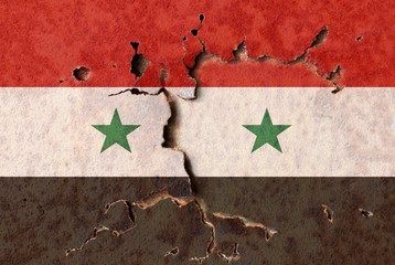 Syria flag on metal wall. Conflict and violence