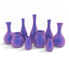 Violet ceramic vases of various shapes on a white background. 3d illustration. Render. 
