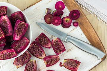 Cut prickly pears. Ingredient for homemade prickly pear jelly.
