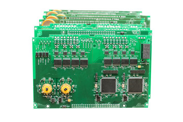 Computer boards in a row isolated on white background.