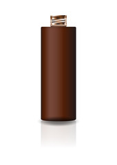 Blank brown cosmetic cylinder bottle with copper lid for beauty or healthy product. Isolated on white background with reflection shadow. Ready to use for package design. Vector illustration.